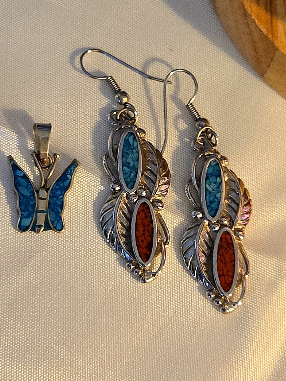 Sterling-Style Turquoise & Coral Feather Drop Earrings and Butterfly Pendant